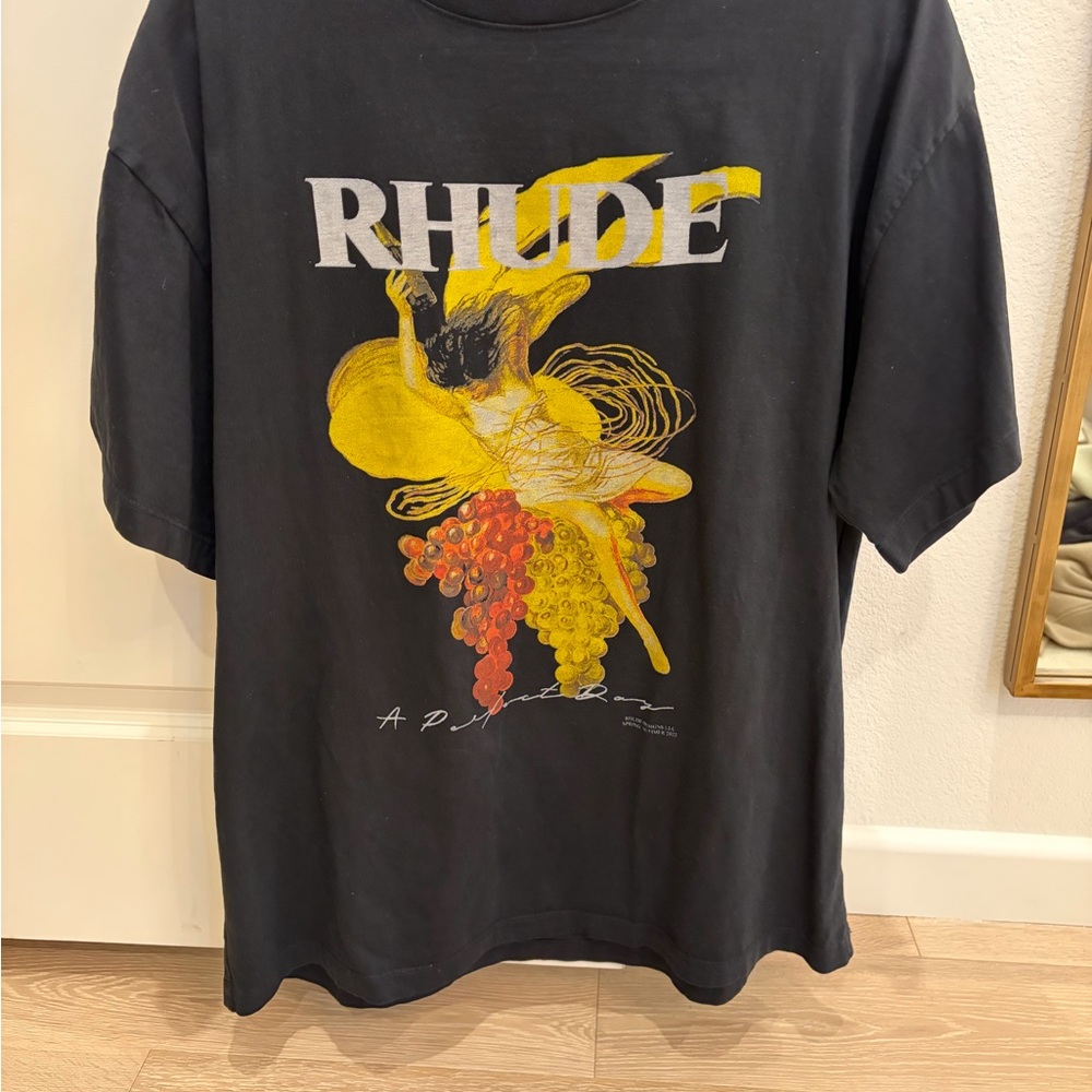 Rhude Black Tee with Yellow and White Graphic